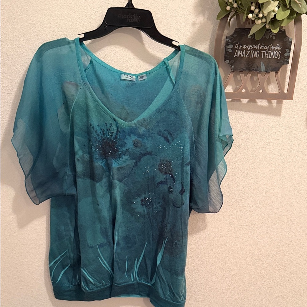 Cato Teal Sheer Floral Blouse, 18/20W